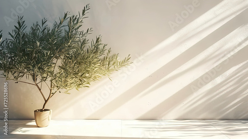 olive tree gracefully standing in the shadow of a white wall. The combination of natural beauty and architectural simplicity creates a tranquil scene,  conveying the serene ambiance of outdoor spaces.