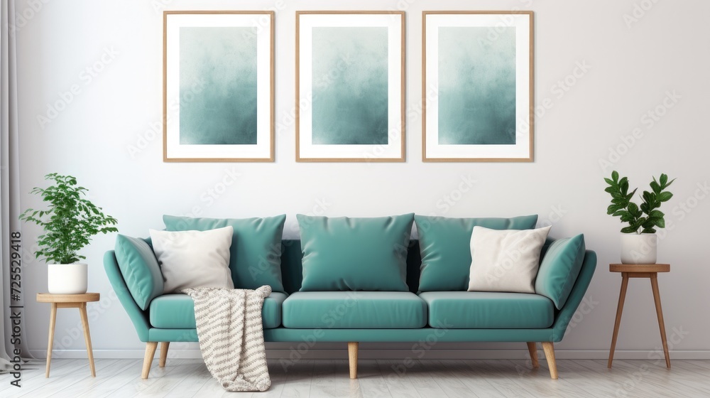 Teal sofa and three frames on white wall. Scandinavian home interior design Teal sofa and three frames on white wall. Scandinavian home interior design