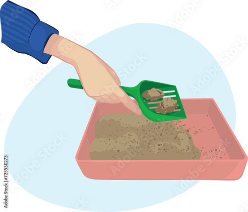 Cat litter box. human hand using litter scoop to clean the cat's waste