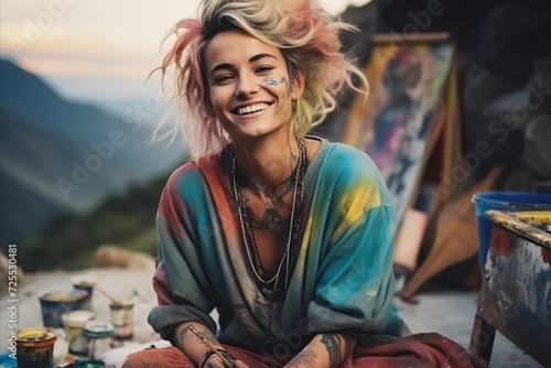 Portrait of beautiful hippie girl with colorful hair in the mountains