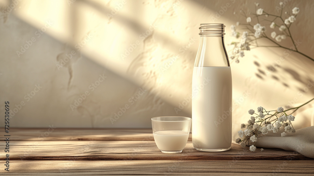 Milk bottle and milk glass on wooden table Milk bottle and milk glass on wooden table