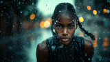 Photograph of a determined African female athlete running in the rain.
