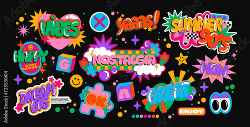 Cartoon retro stickers comic. Bright trendy patches, labels emotions. Vector doodle groovy funky mascots in 90s style