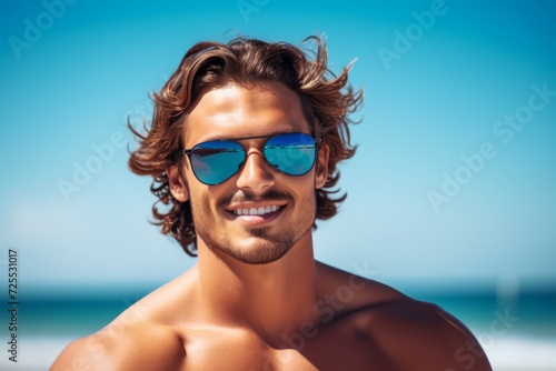 Portrait of handsome young man in sunglasses on the beach, looking at camera.