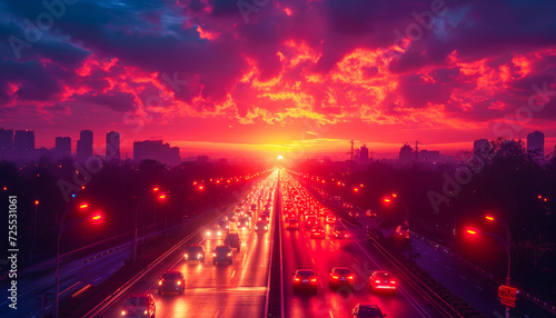  Sunset Over A City Traffic With Cars And Glowing Streetlights Copy SPace Empty For Advertisement
