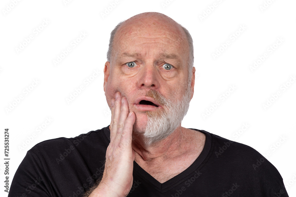 Shocked Bearded Man with Half Shaved Beard in Black T-Shirt, Surprised Expression, Facial Hair Transformation Concept on White Background Shocked Bearded Man with Half Shaved Beard in Black T-Shirt, Surprised Expression, Facial Hair Transformation Concept on White Background