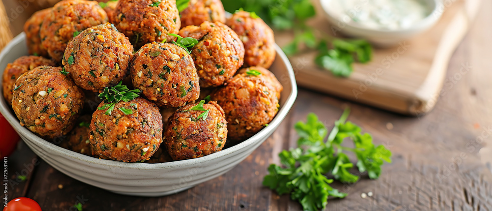 falafel or meatballs , with empty copy space, food advertising, professional food photography falafel or meatballs , with empty copy space, food advertising, professional food photography
