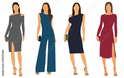Set of fashion women in partywear outfits with purse silhouette vector illustration