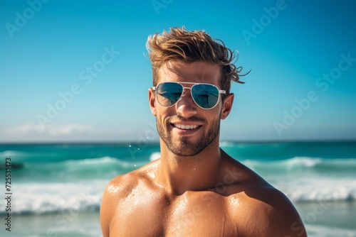 Handsome young man in sunglasses on the beach. Summer vacation.