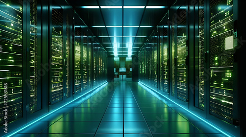 Shot of Corridor in Working Data Center Full of Rack Servers, Hosting Servers Room, Servers Room, High Internet Visualization Projection, Generative Ai