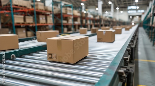 Close up of multiple cardboard box packages moving along conveyor belt in a warehouse facility