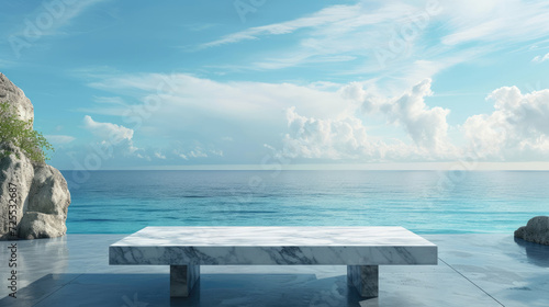 empty marble table with ocean view, product presentation