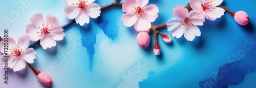 Sakura flowers on a blue background watercolor. Banner. Space for text, free space. A spring postcard. © Vero