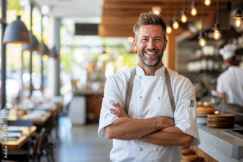 Chef standing in a restaurant kitchen with hands crossed