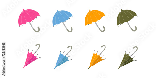 Set of women's bright umbrellas, an accessory for protection from rain and wind, green, pink, yellow and blue. Umbrellas open and folded. Colored vector illustration