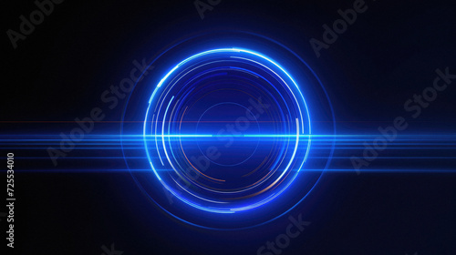 Neon circle with blue light on dark background .