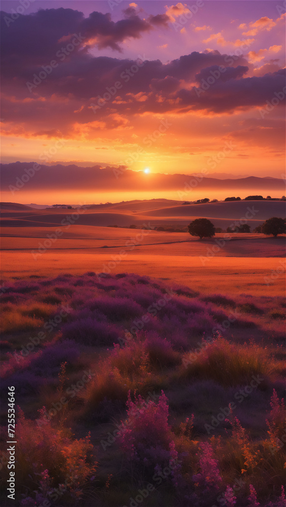 Majestic Sunset Over Rolling Lavender Fields With Vibrant Skies