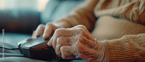Elderly people current technology, close-up image of an elderly person's hand hold clicking a computer mouse, High technology and low technology, technology adaptation senior, Elderly society photo