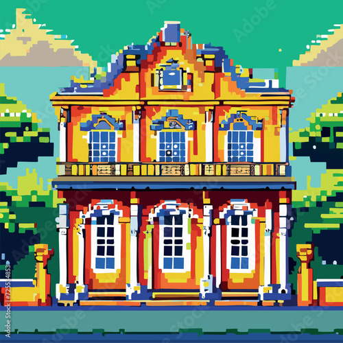 Casarão barroco estilo colonial tradicional em pixel art. Brasil histórico.
