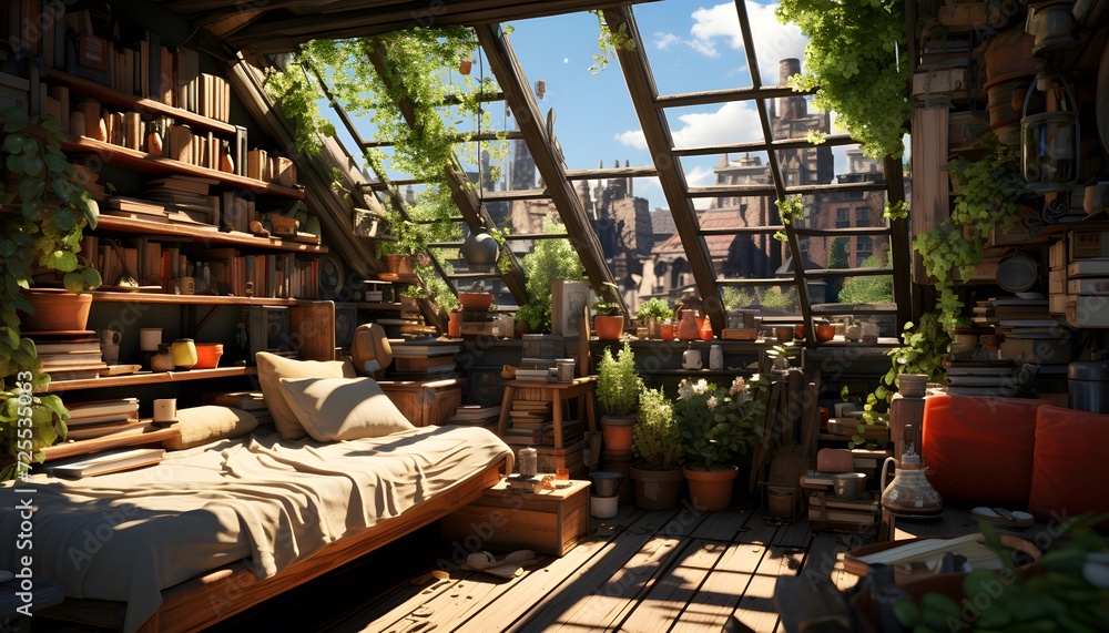 Panoramic view of a cozy terrace with furniture and plants