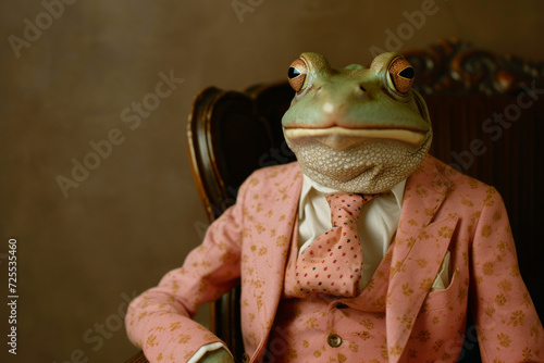 Anthropomorphic frog dressed in a suit like a businessman. Business Concept. human enhanced. frog businessman in suit and tie. Frog in a pink jacket.
