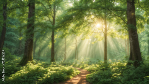 Serene Morning Light Filtering Through The Canopy of A Lush Forest Path