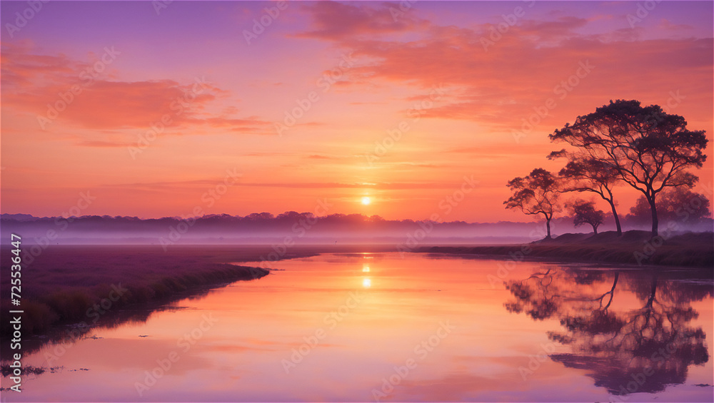 Serene Sunset Reflecting on a Calm River Amidst Silhouetted Trees and Mist