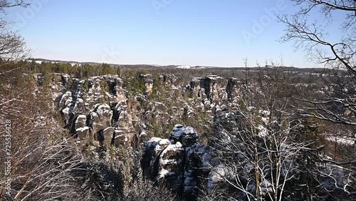 famous Bastei in saxony covered with snow. Saxon Switzerland. January 2024. Travel photo