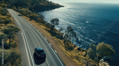 Aerial view of a car driving on the road along the sea