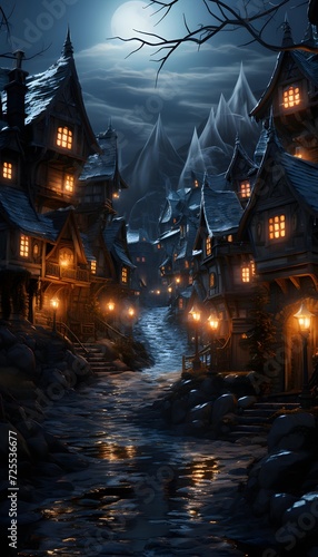 Halloween background with haunted castle and moonlit path. 3D rendering