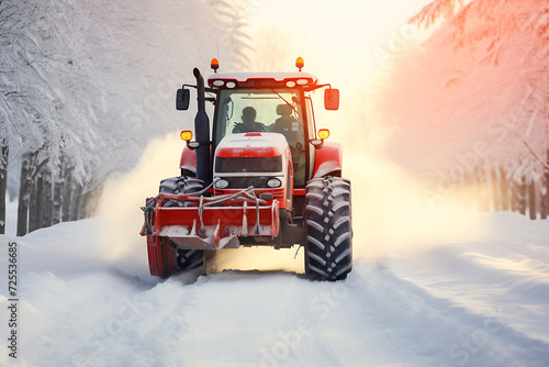 Tractor in the winter forest on a background of snow-covered trees