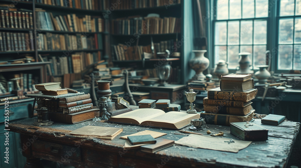 Obraz premium A Scholar’s Sanctuary: A Cozy and Serene Library with Vintage Books and a Writing Desk