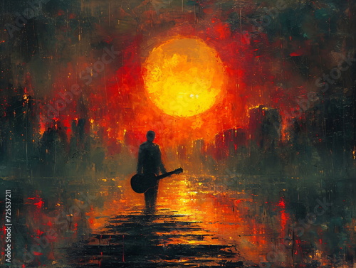 Silhouette of a walking musician with a piano at sunset. Oil painting style. Modern art concept for artists, musicians and designers. Background for wallpapers, flyers, cards, posters.
