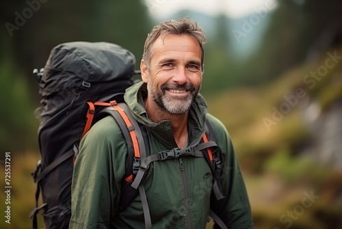 Portrait of a smiling senior man with a backpack in the mountains