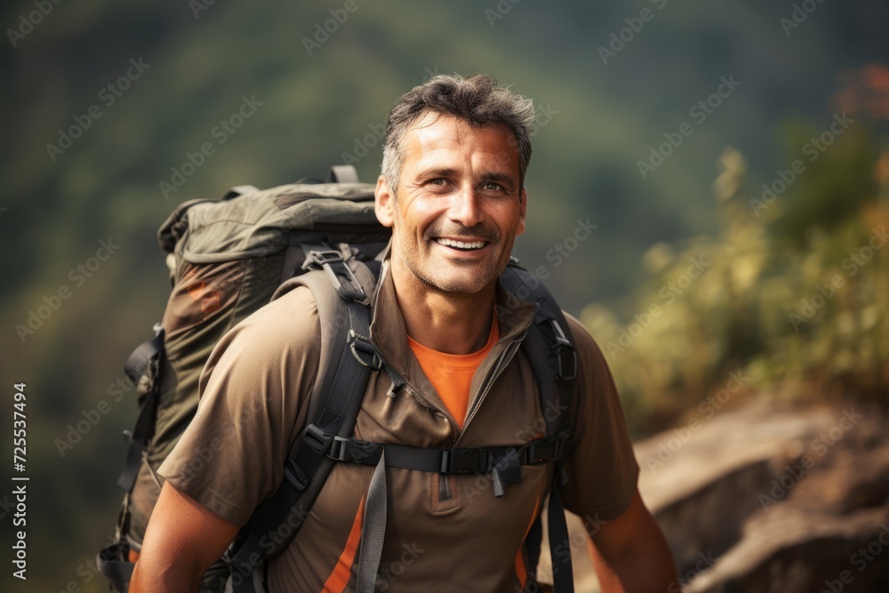 Handsome man with backpack hiking in the mountains. Active lifestyle. Handsome man with backpack hiking in the mountains. Active lifestyle.