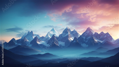 Majestic Mountain Range at Dawn With Vivid Sunrise Colors and Misty Valleys