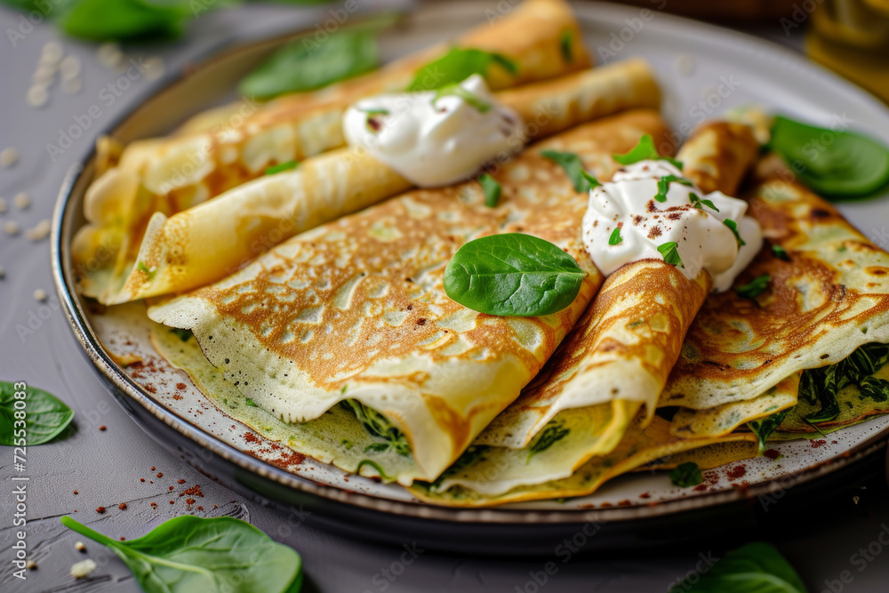 Savory Crepes with spinach and cream, food photography. Delicious fresh pancakes with spinach, cream cheese. The combination of homemade spinach in savory crepes.