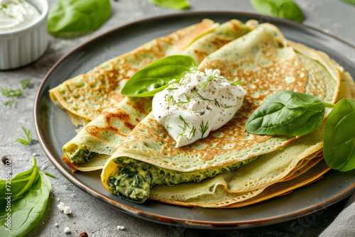 Savory Crepes with spinach and cream, food photography. Delicious fresh pancakes with spinach, cream cheese. The combination of homemade spinach in savory crepes. © Nataliia_Trushchenko