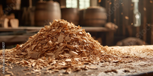the pile of wood chips is on top of a wooden table and in front of wood, 
