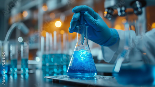 In the lab, a scientist studies a blue substance, driving medical breakthroughs for pharmaceuticals and advancing biotechnology in healthcare. Science and chemistry converge in pursuit of innovation. photo
