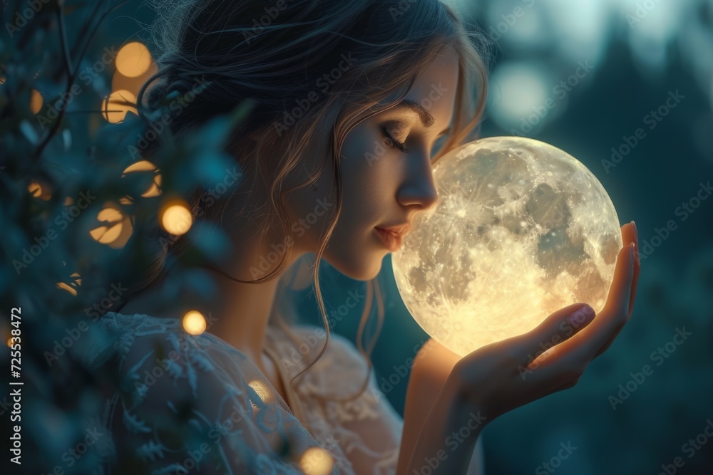 Naklejka premium Beautiful Woman Holding Circular Painting Of The Moon. Сoncept Moon Art, Lunar-Inspired Portraits, Celestial Beauty, Moon Goddess Photoshoot, Mystical Artistic Photography