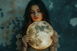 Beautiful Woman Holding Circular Painting Of The Moon. Сoncept Lunar Art, Celestial Beauty, Cosmic Portraits, Moon Magic, Artistic Expression