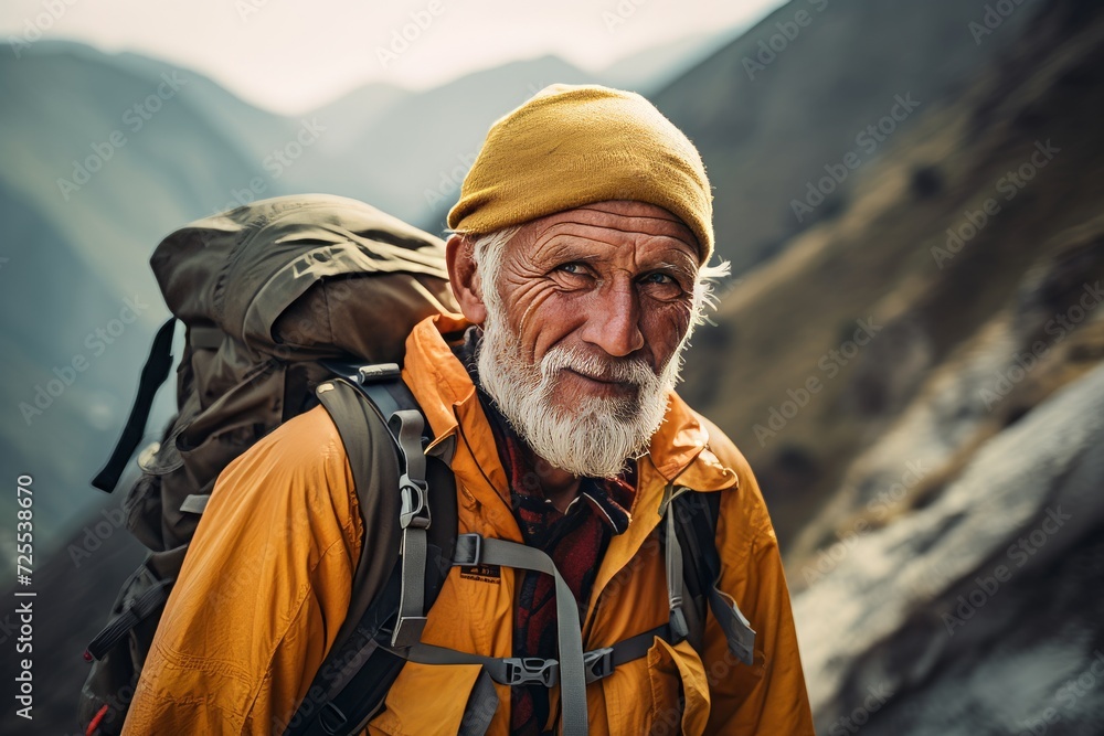 Portrait of a senior man with a backpack hiking in the mountains