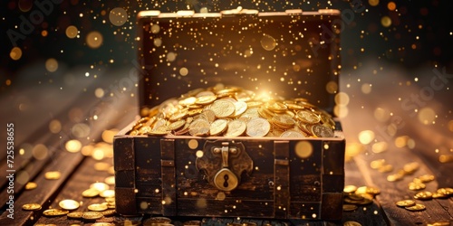 Chest Overflowing With Twinkling Gold Coins, Gleaming Fortune Awaits. Сoncept Treasure Hunt, Wealth And Prosperity, Golden Dreams, Abundance Of Gold, Sparkling Opportunities photo