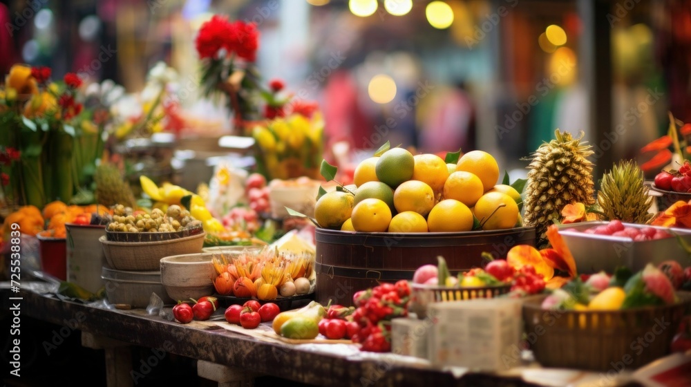 Chinese New Year market stall showcasing festive fruits and decorations