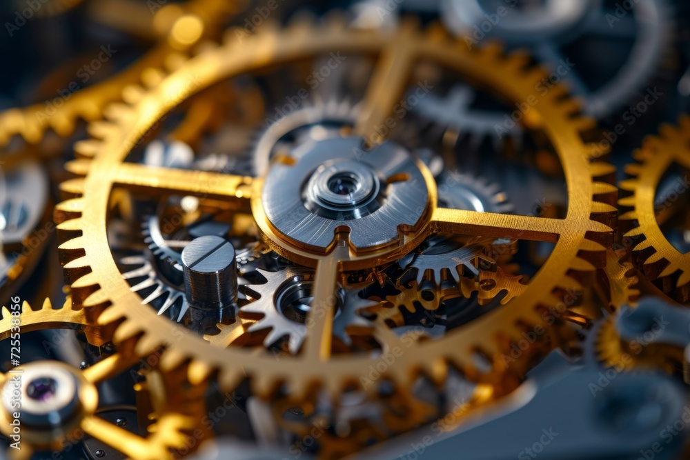 Detailed View Of Functional, Intricate Gold And Silver Gear Mechanism. Сoncept Steampunk-Inspired Gear Mechanism, Intricate Design Details, Gold And Silver Finishes, Functional And Eye-Catching