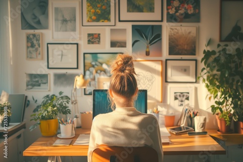 Determined Woman Creating Visual Roadmap For Her Aspirations In Bright, Picturefilled Room. Сoncept Creative Workspace, Visual Goal Setting, Aspirational Ambitions, Bright Room