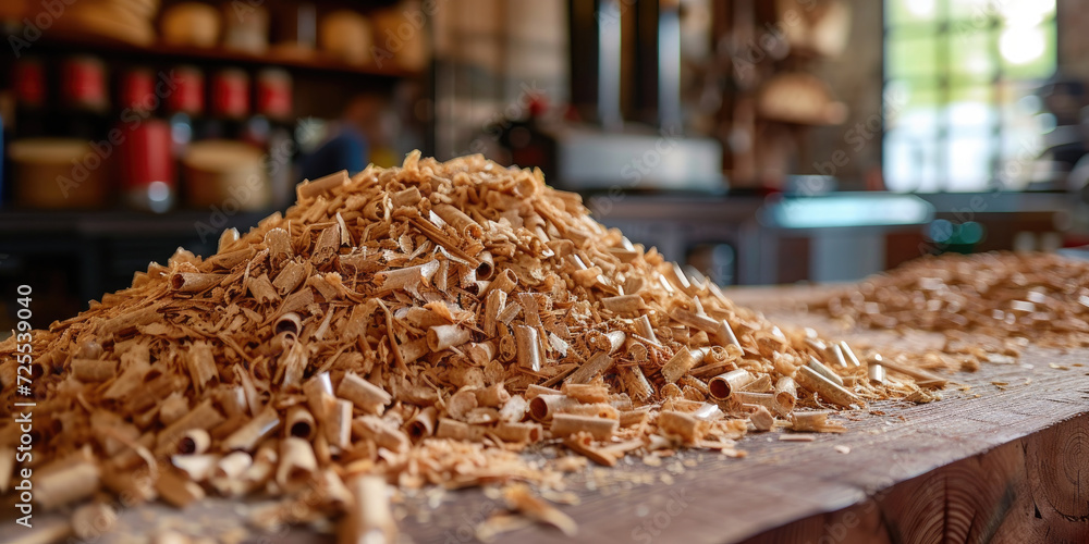 the pile of wood chips is on top of a wooden table and in front of wood, 