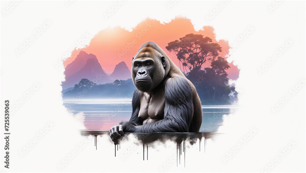 Majestic Gorilla Poses Thoughtfully Against a Vibrant Sunset Backdrop With Mountain Silhouettes Majestic Gorilla Poses Thoughtfully Against a Vibrant Sunset Backdrop With Mountain Silhouettes