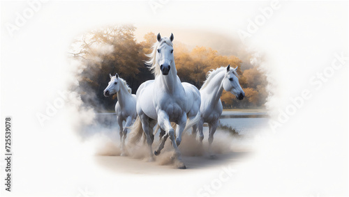Majestic White Horse Illustrated With Autumn Leaves and Floral Accents on a Neutral Background